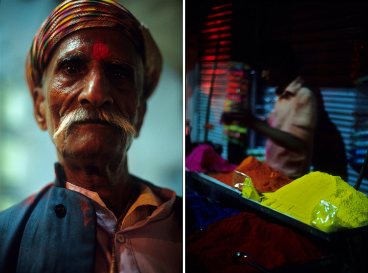 homme qui vend des pigments de couleurs pour la fête de Holi
